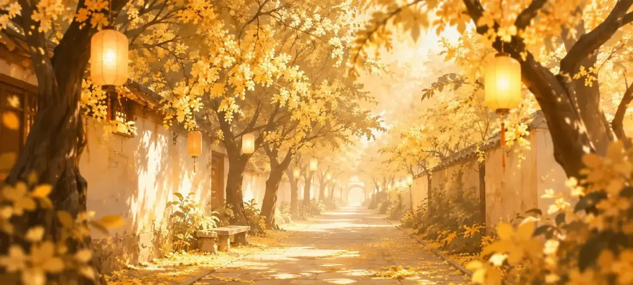 桂花巷的第七个春天主题背景，秋日暖光里的桂花小巷